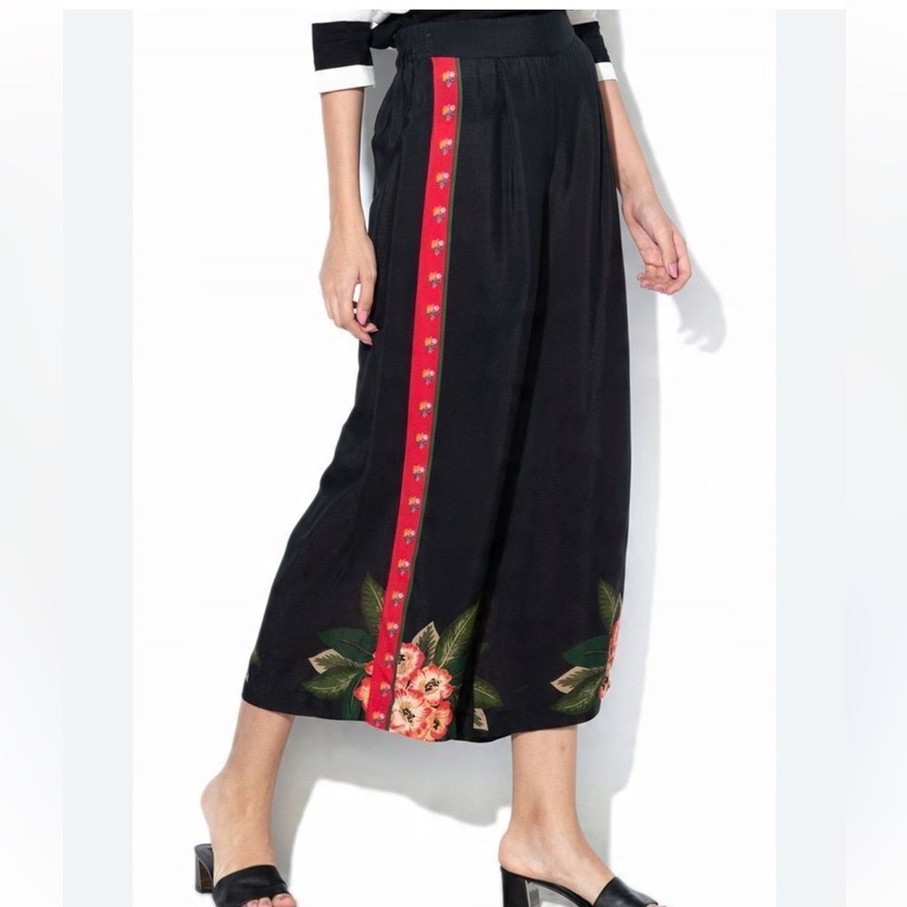 Desigual Black Wide Leg Pants with Red Floral Trim - Picture 2 of 11